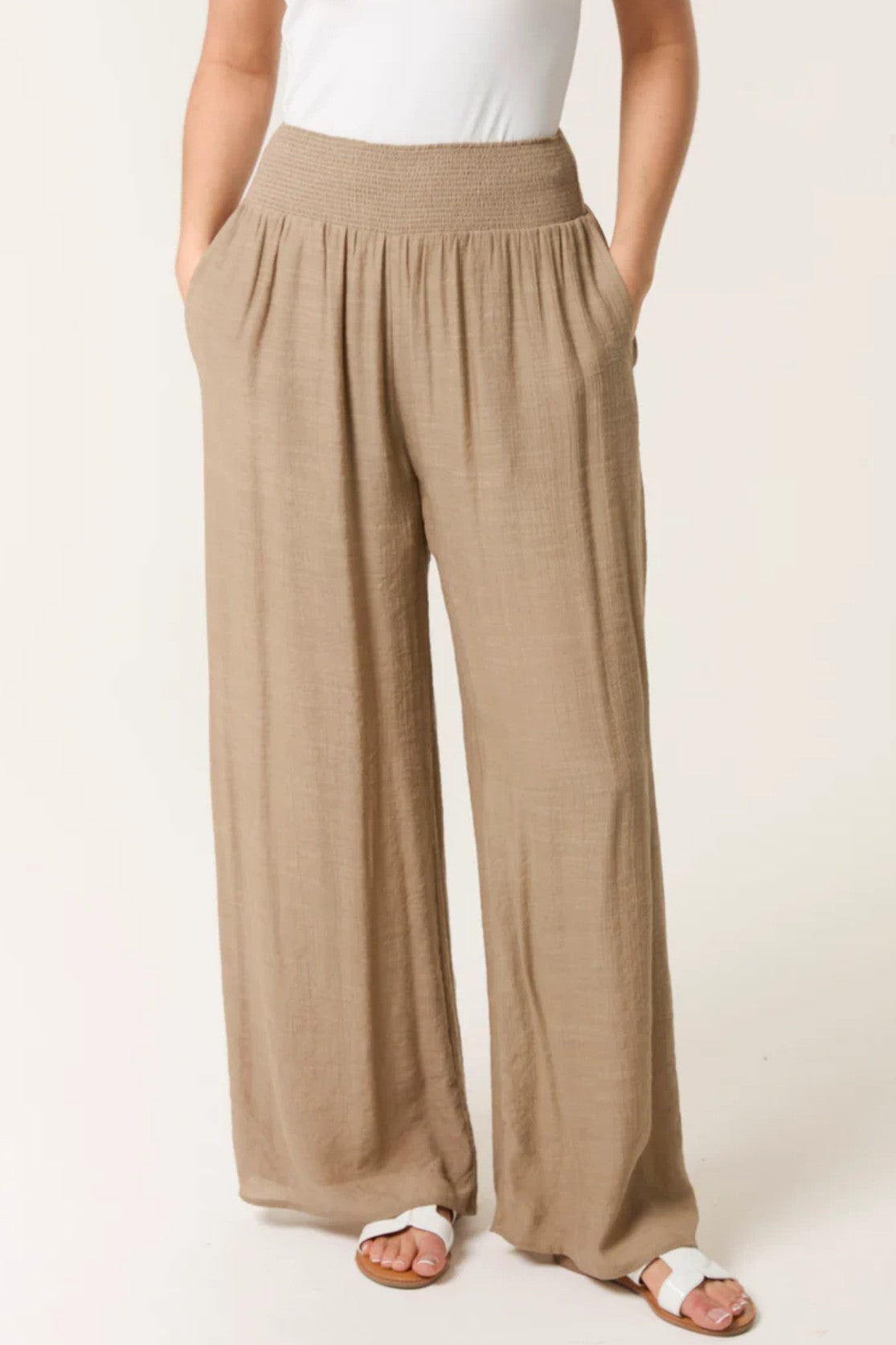 Mocha Shirred Waist Wide Leg Trouser