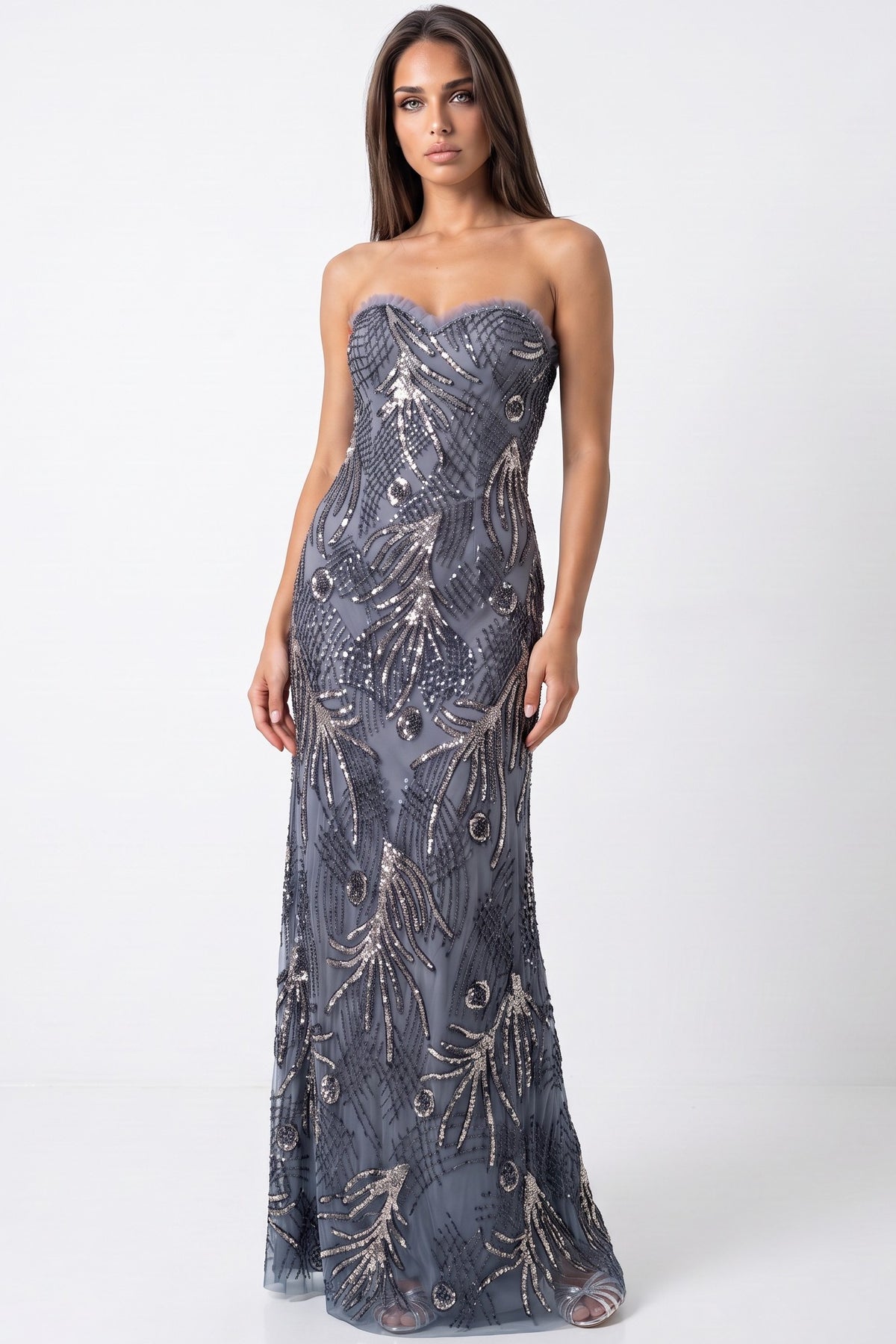 Slate Grey Silver Sequin Embellished Strapless Maxi Dress
