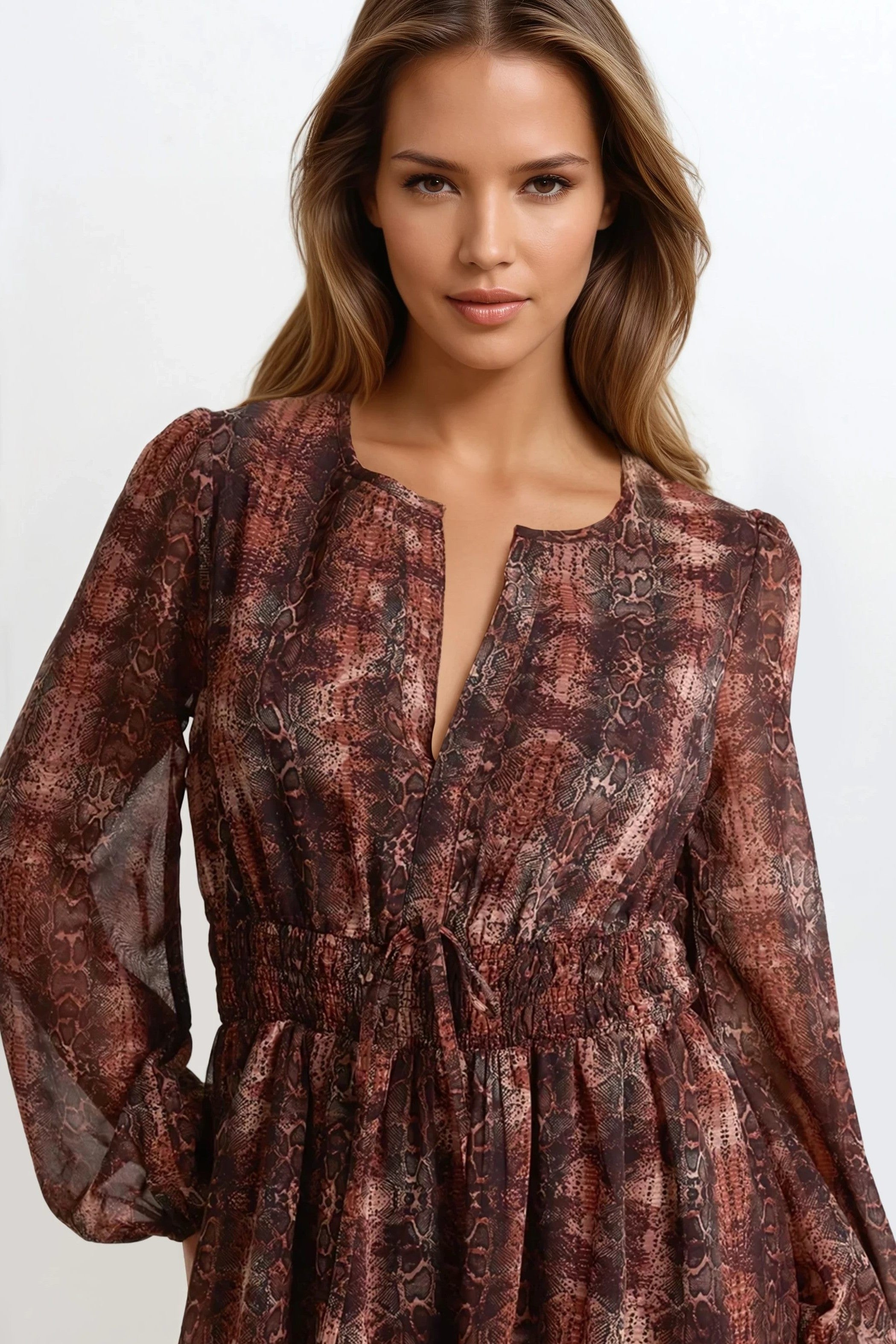 Brown Snake Print Long Sleeve Midi Dress