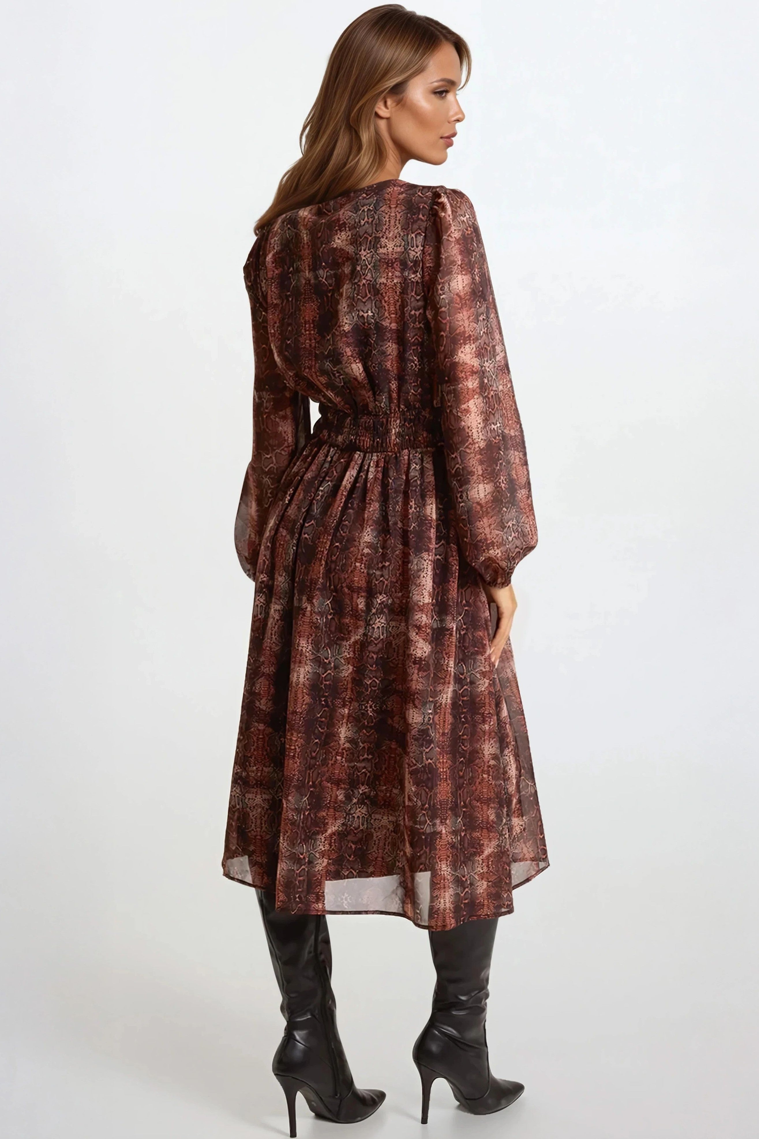 Brown Snake Print Long Sleeve Midi Dress