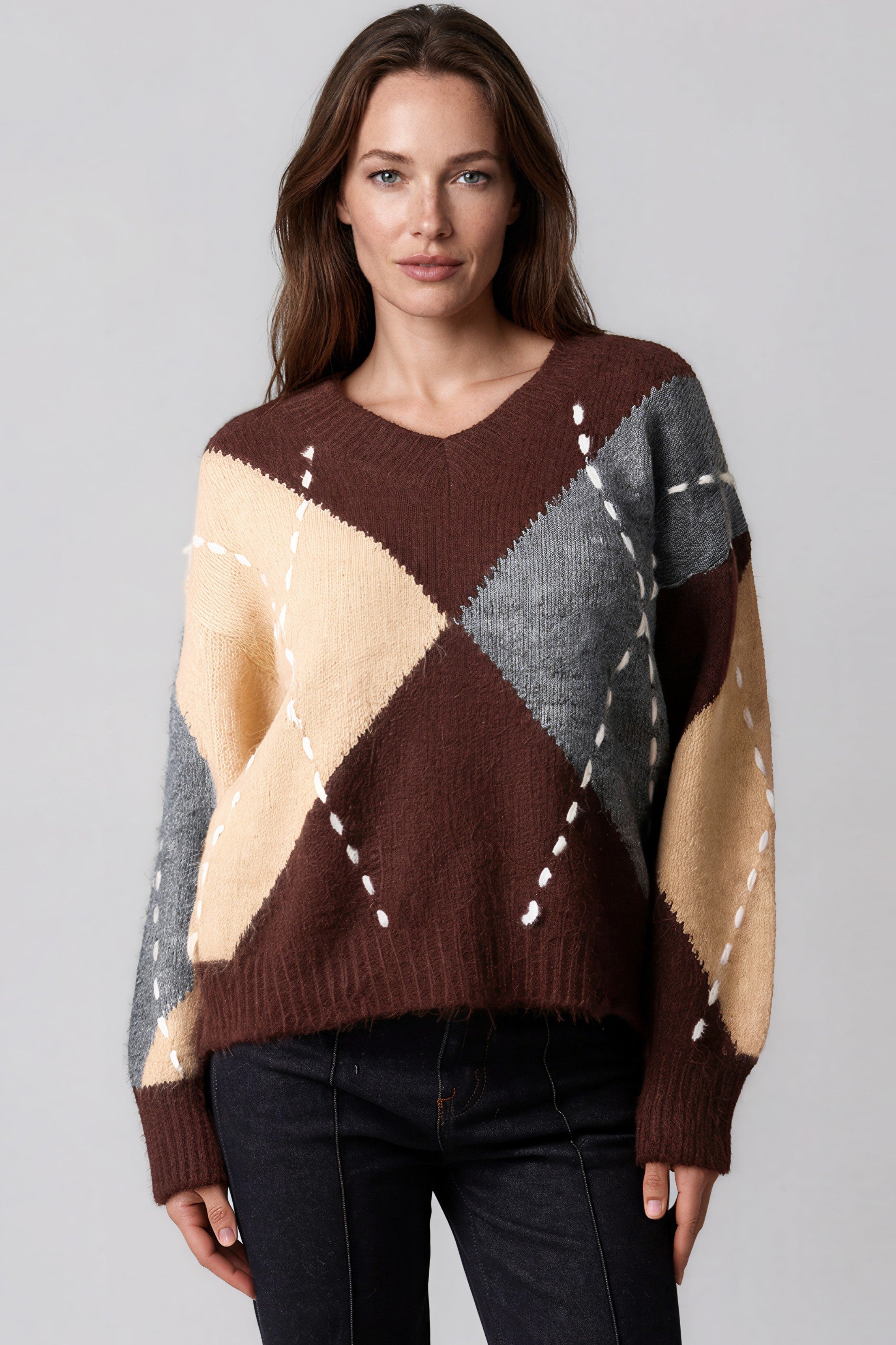 Chocolate Grey Argyle Pattern Jumper