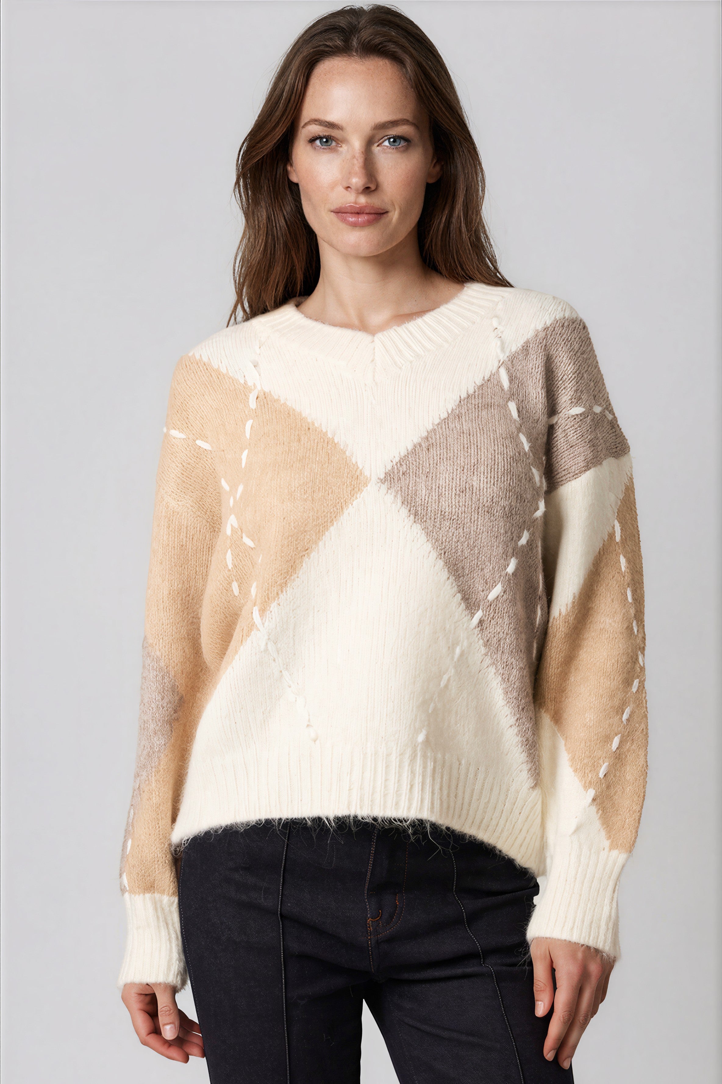 Ivory Beige Argyle Pattern Jumper