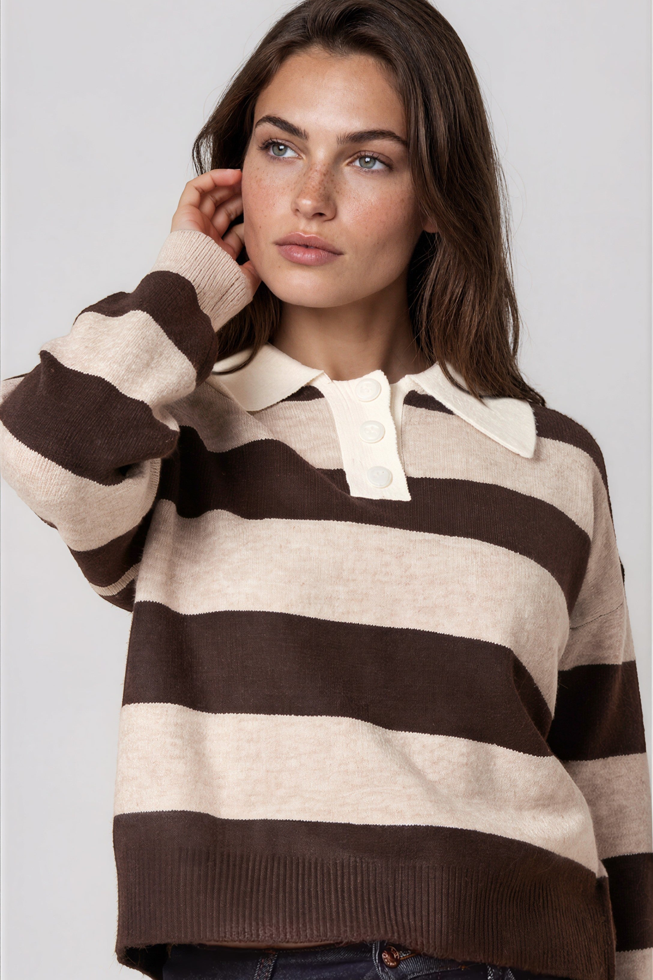 Brown Stripe Wool‑Blend Polo Collared Knit Jumper