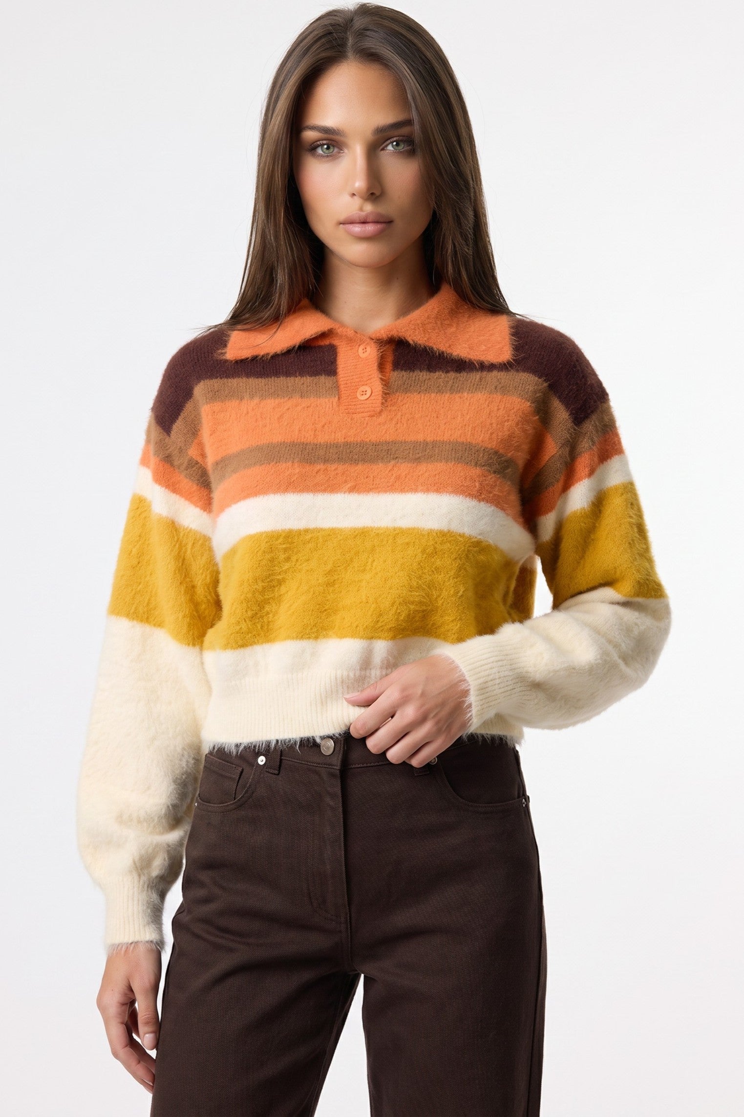 Orange Striped Collared Knitted Crop Jumper