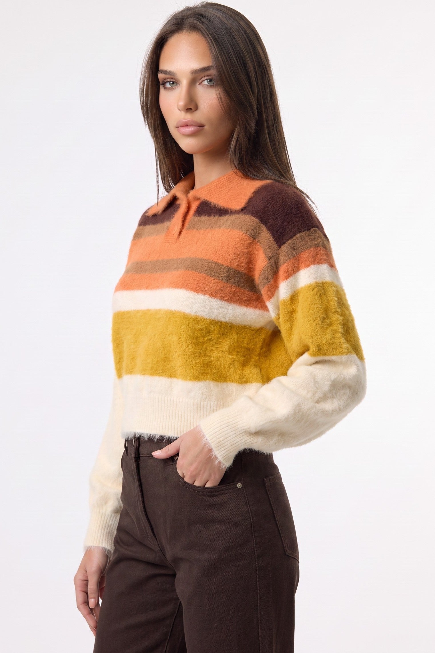 Orange Striped Collared Knitted Crop Jumper