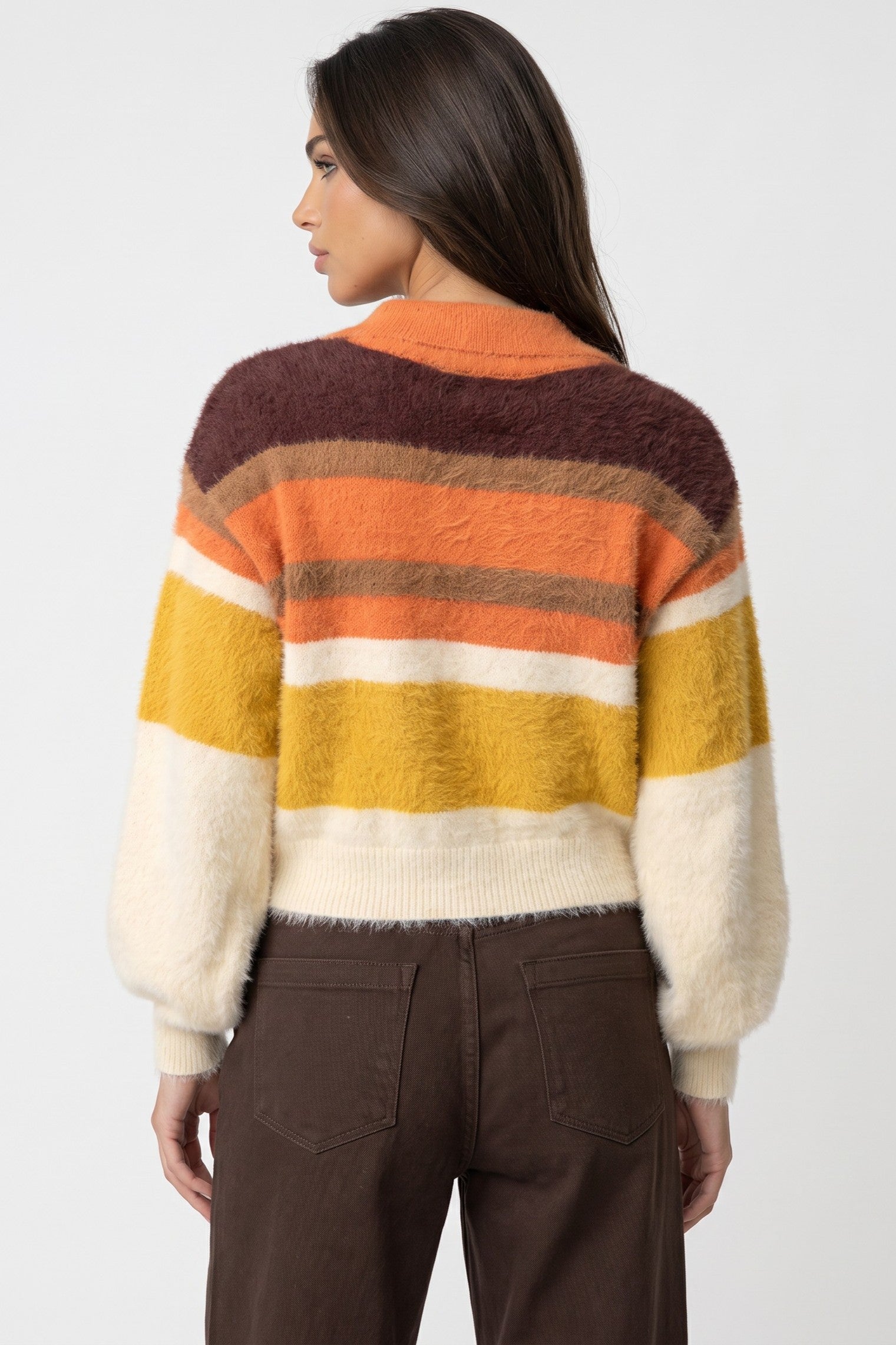 Orange Striped Collared Knitted Crop Jumper