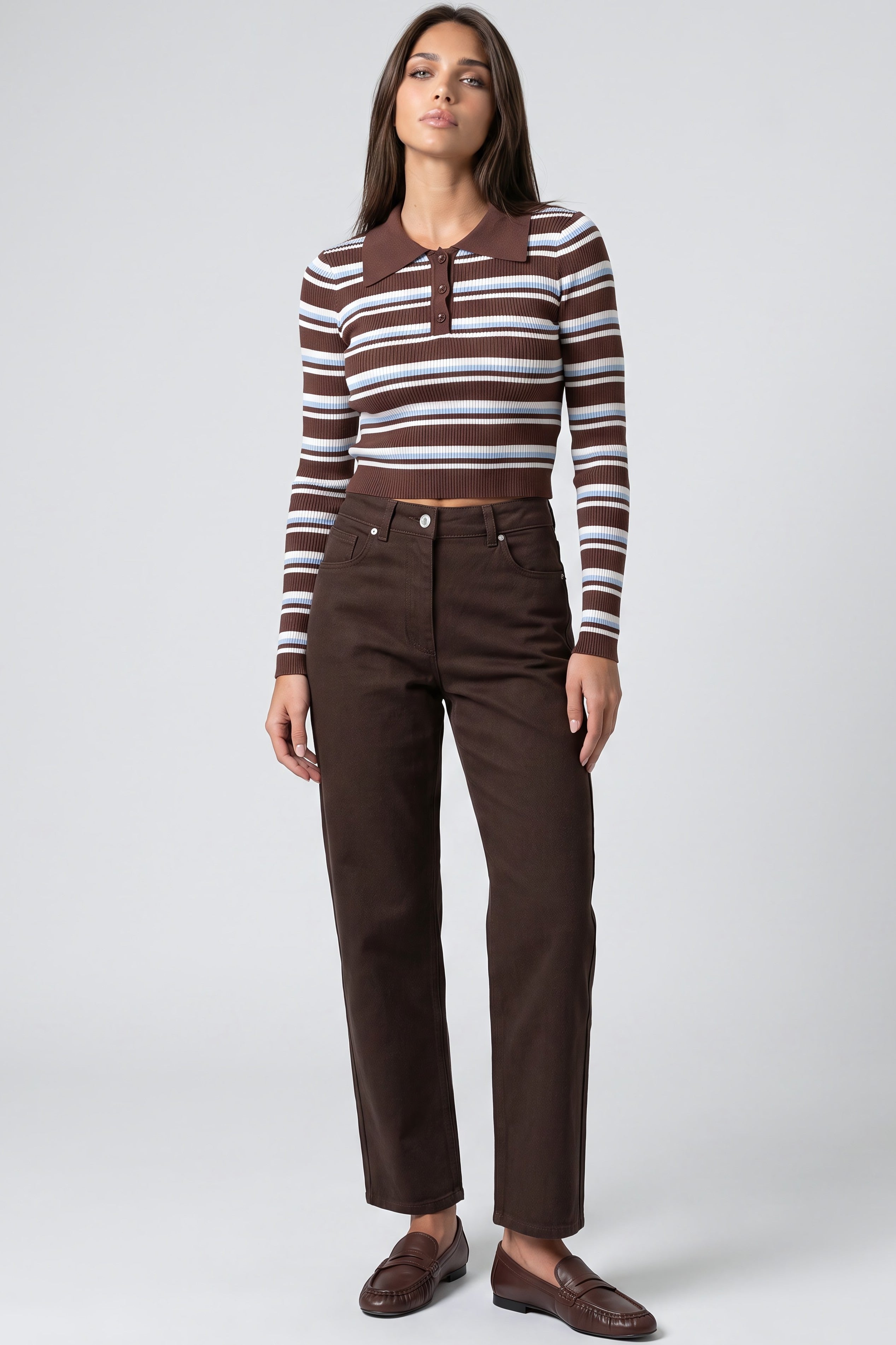 Brown Blue Striped Long Sleeve Collar Ribbed Jumper