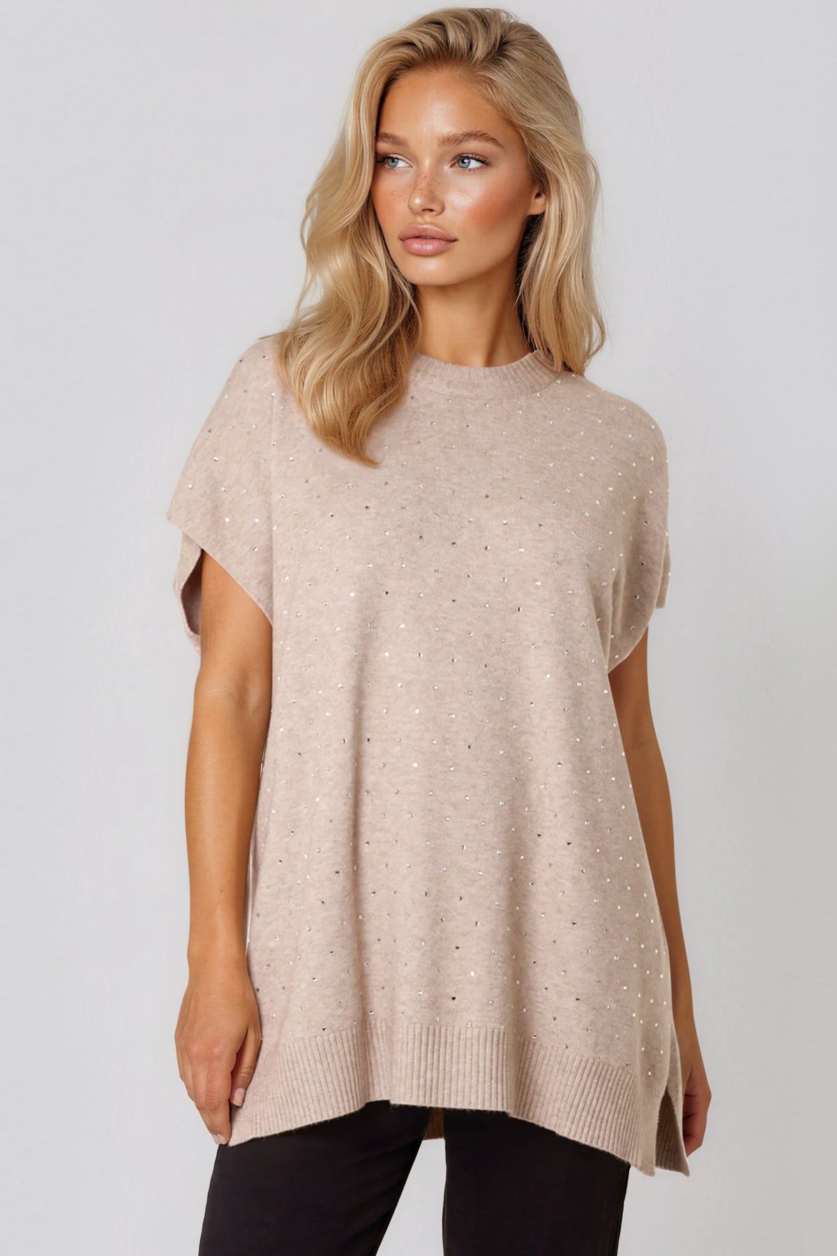Beige Embellished Short Sleeve Knit Jumper