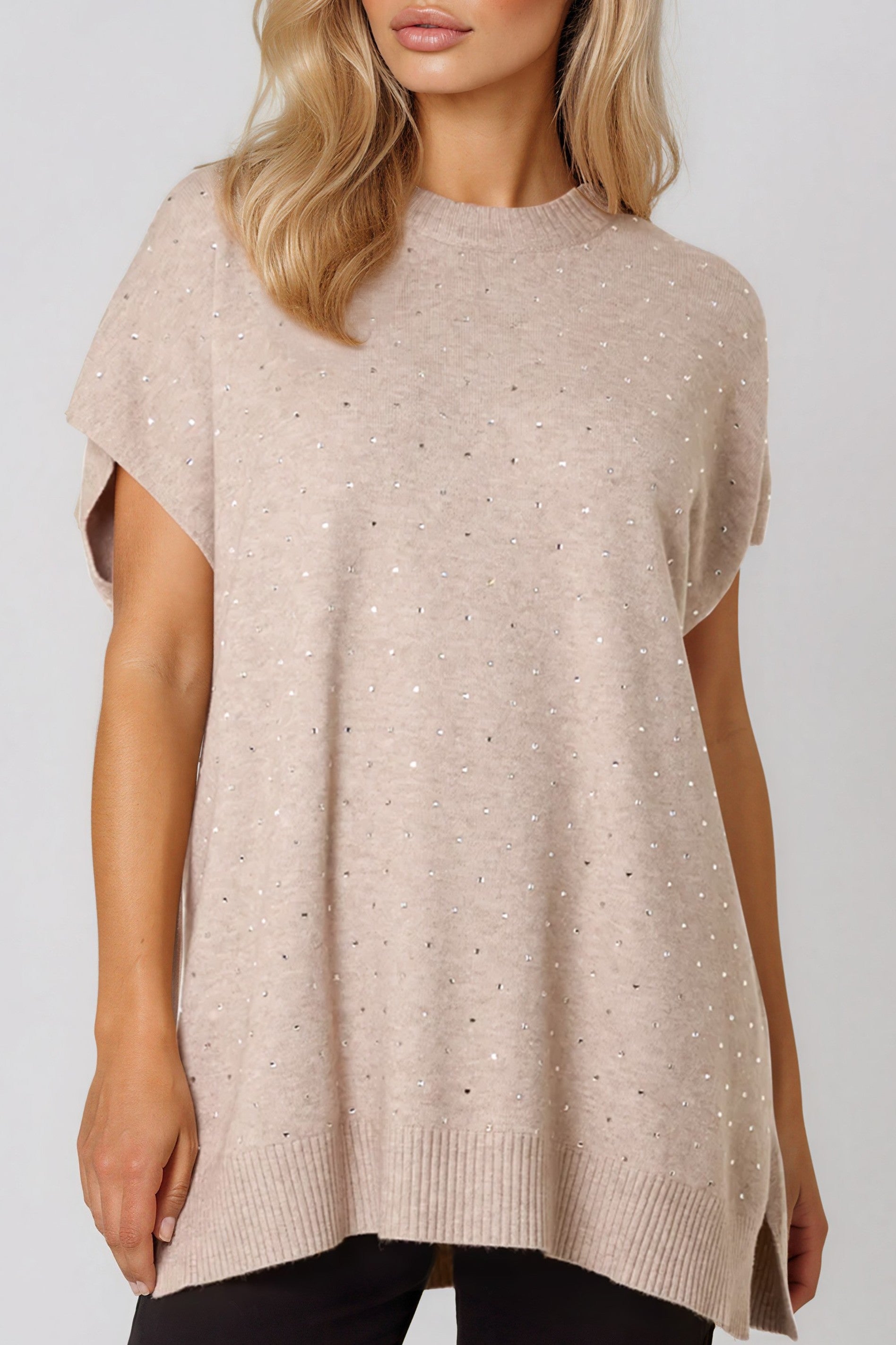 Beige Embellished Short Sleeve Knit Jumper