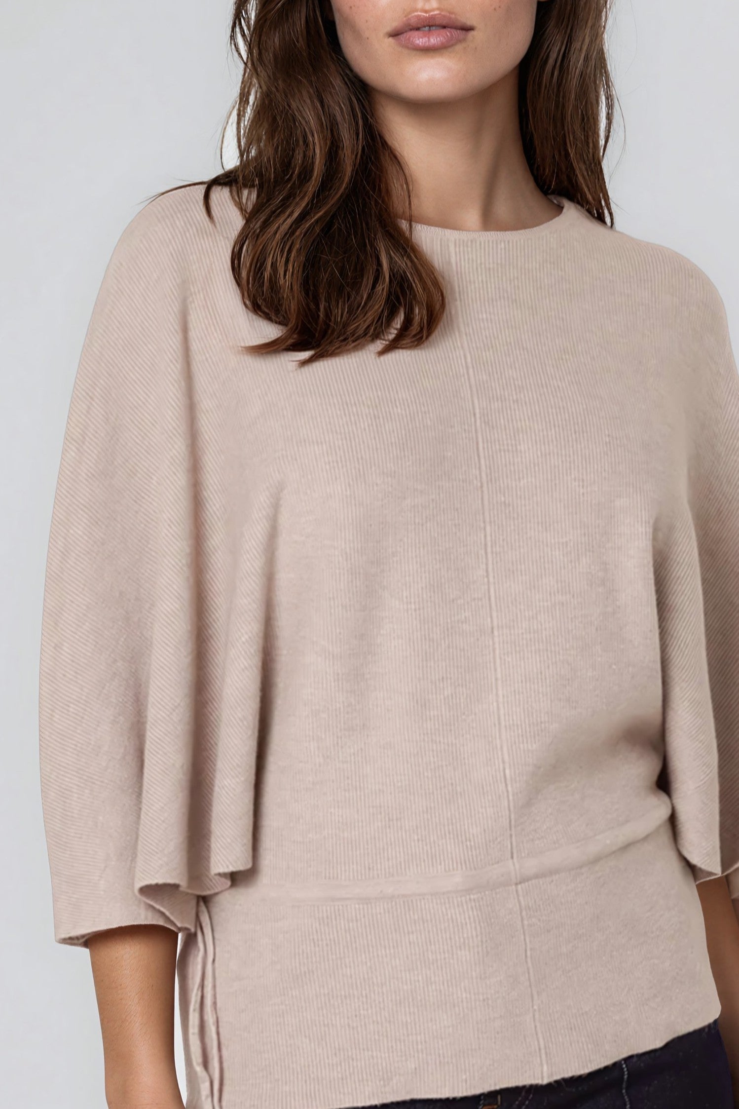 Beige Tie Waist Batwing Sleeve Knit Jumper