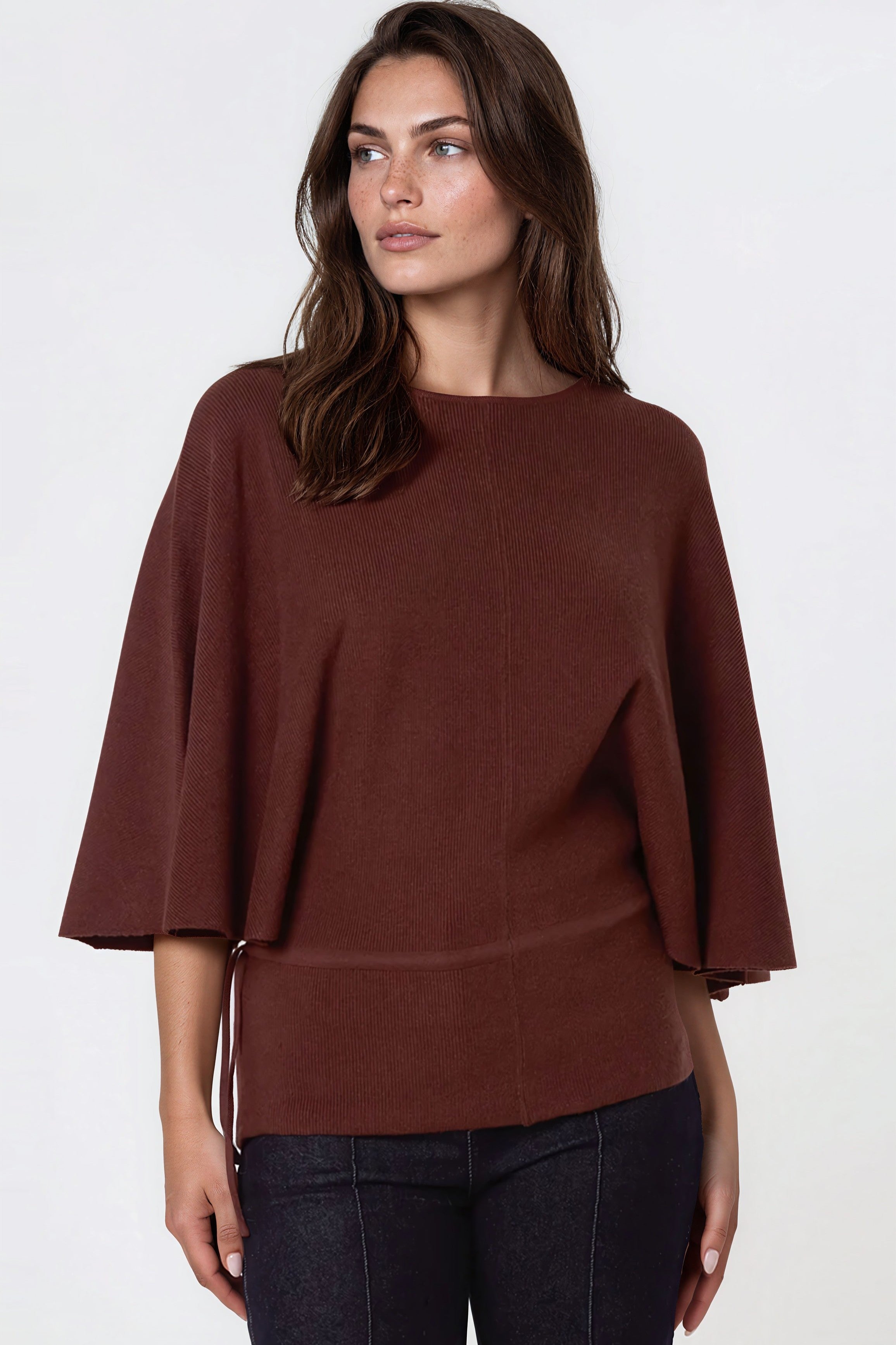 Brown Tie Waist Batwing Sleeve Knit Jumper