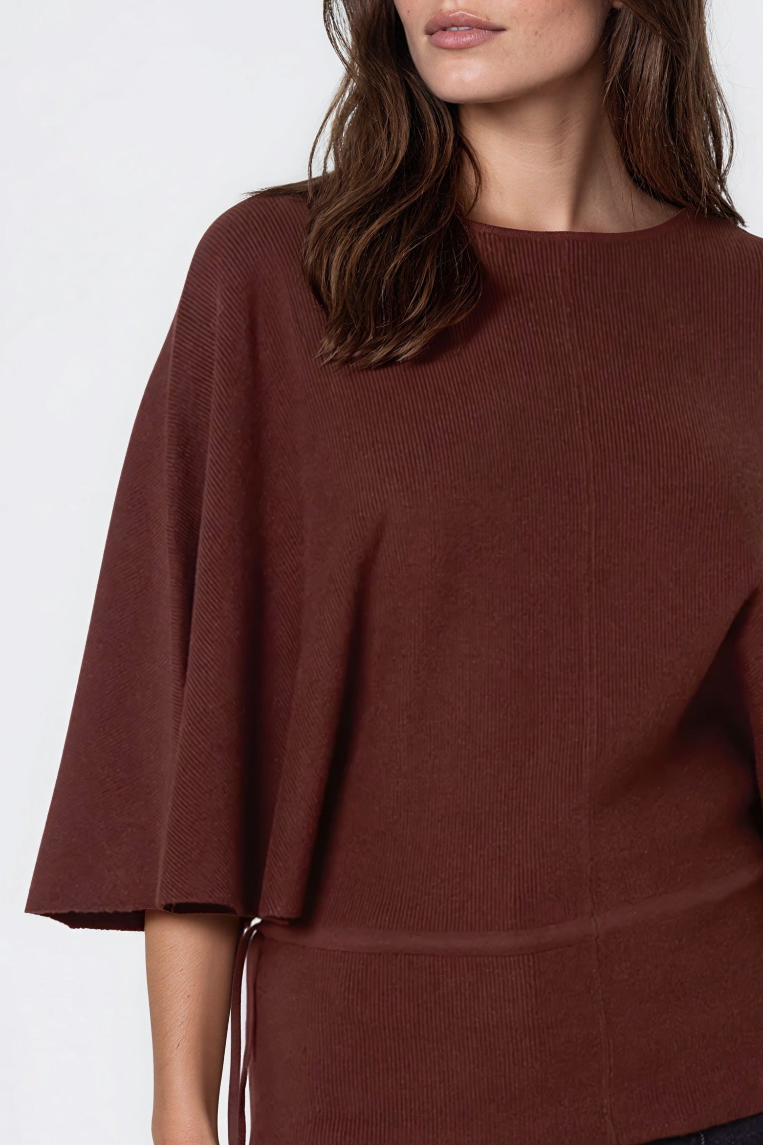 Brown Tie Waist Batwing Sleeve Knit Jumper