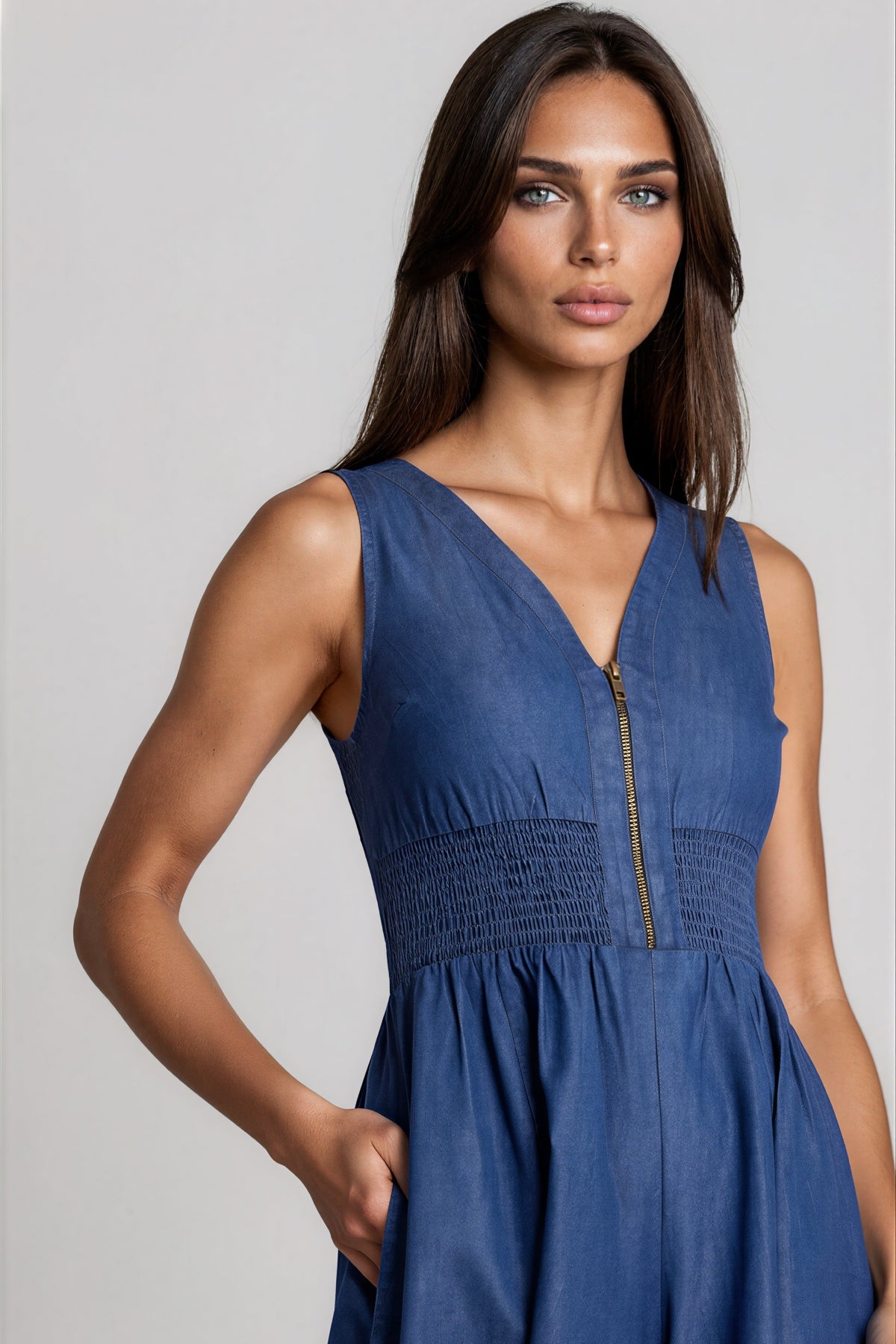 Denim Shirred Cotton Blend Jumpsuit with Pockets