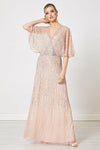 Allegra Blush Pink Embellished Flutter Sleeve Maxi Dress