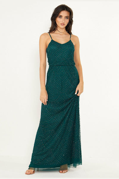 Viviana Emerald Green Cami Sequin Stripe Embellished Maxi Dress