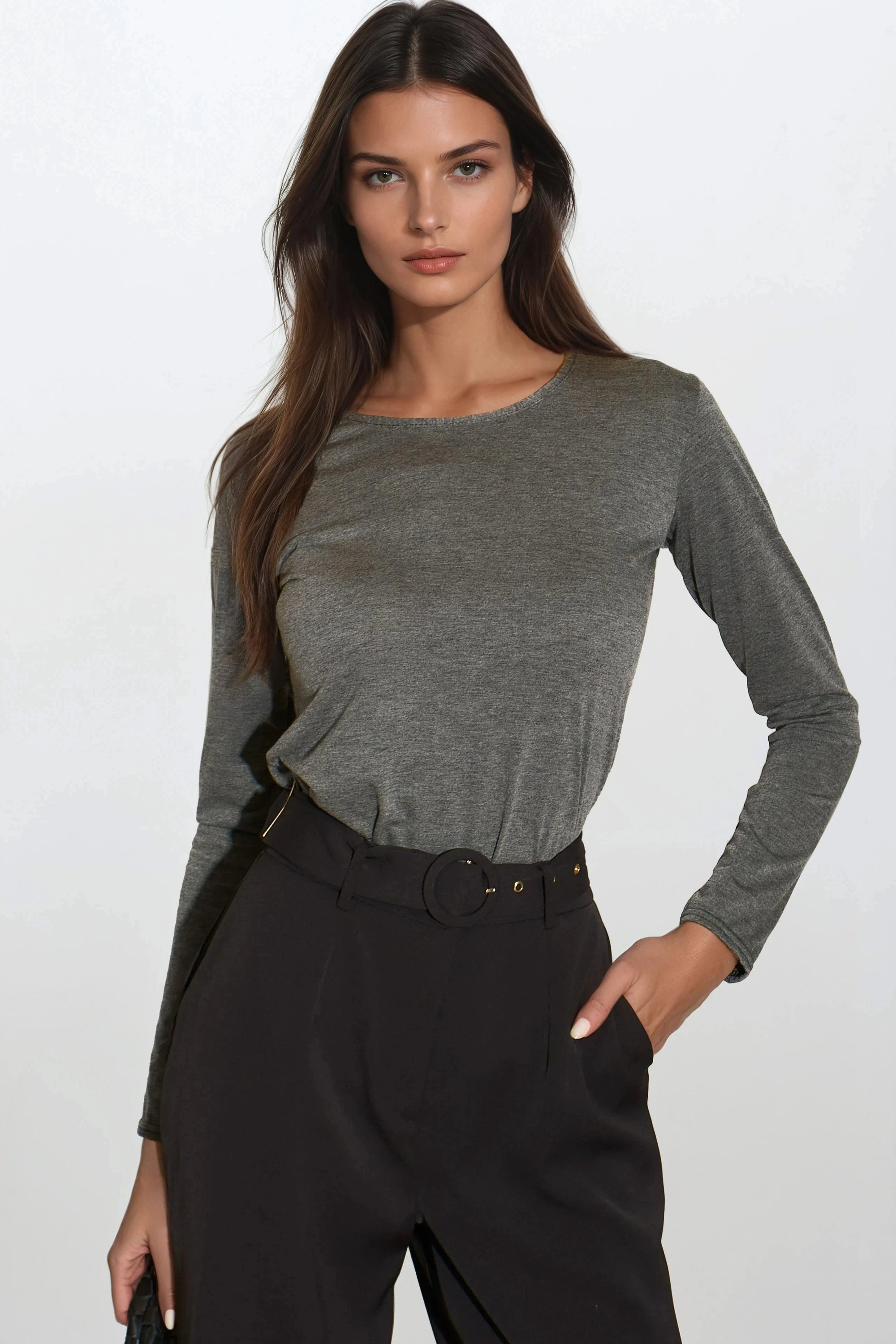Charcoal Round Neck Long Sleeve Top