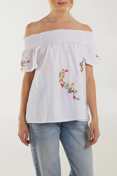 White Floral Embroidery Bardot Cotton Top