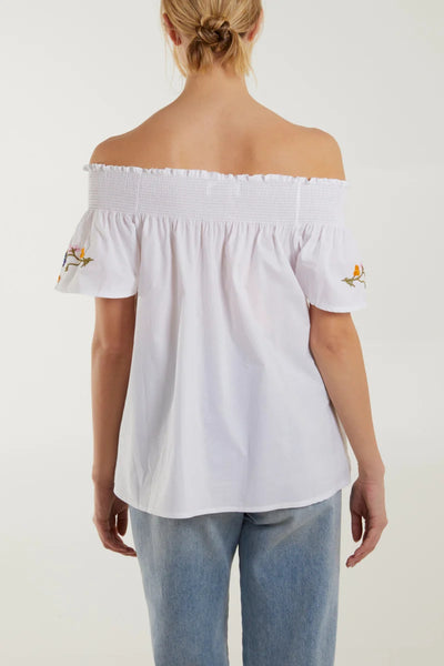 White Floral Embroidery Bardot Cotton Top