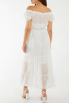 White Broderie Anglaise Bardot Tiered Maxi Dress