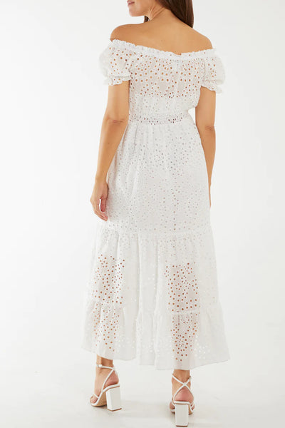 White Broderie Anglaise Bardot Tiered Maxi Dress