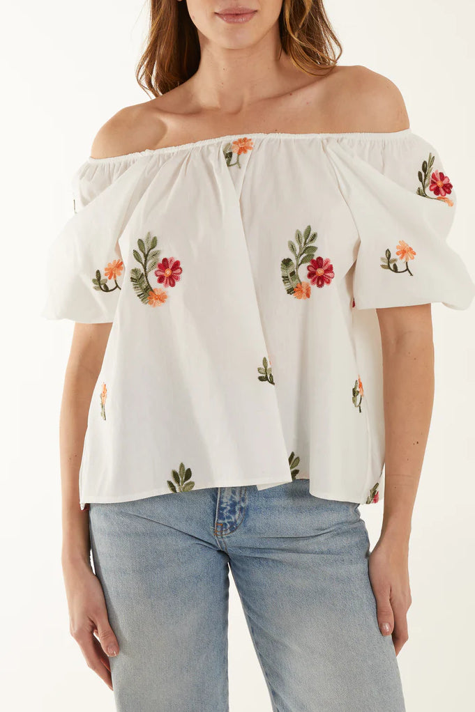 White Floral Embroidery Bardot Puff Sleeve Top