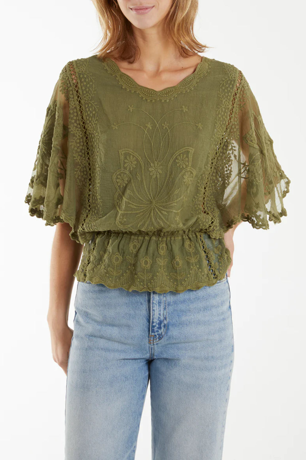 Khaki Floral Lace Butterfly Sleeve Blouse
