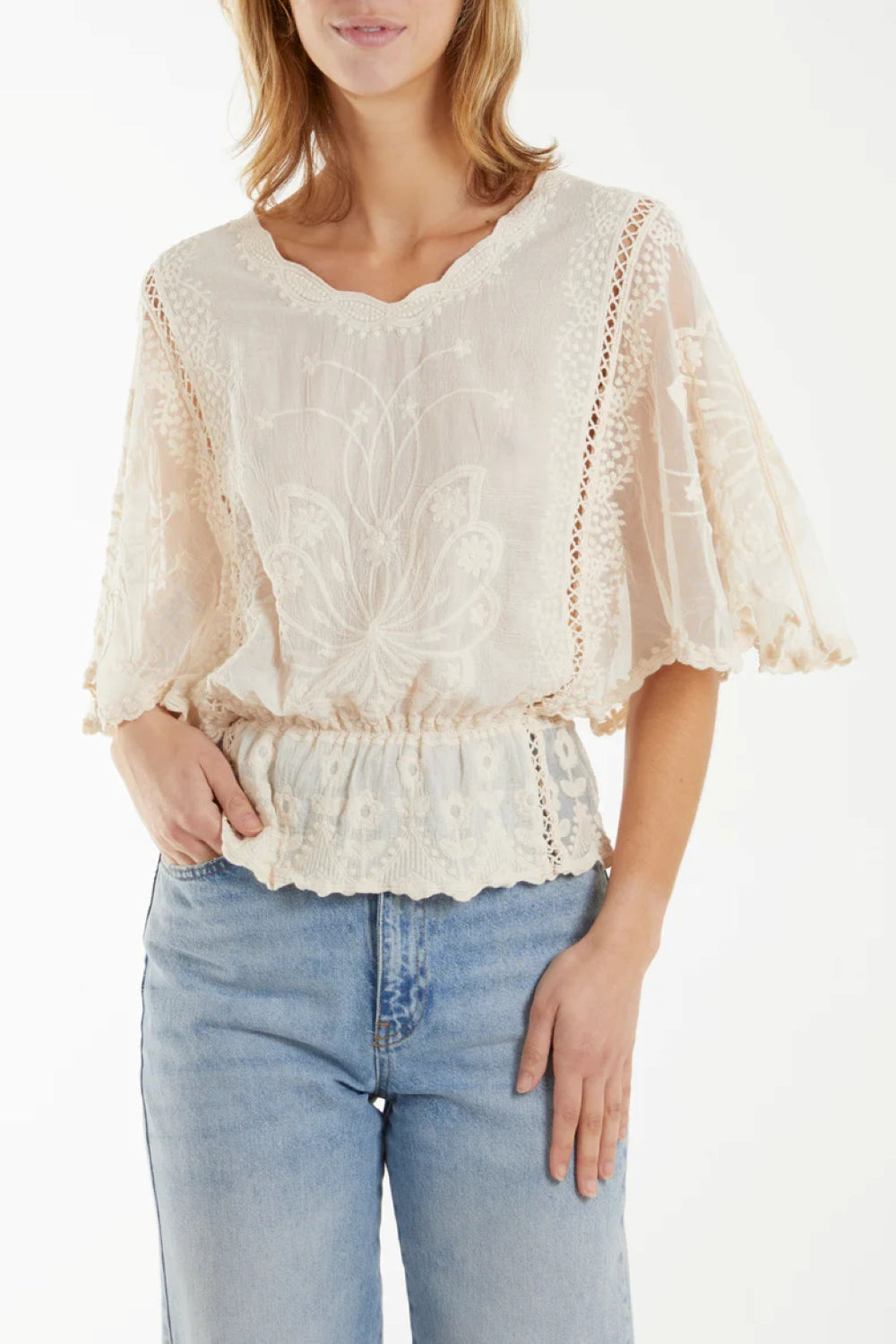 Beige Floral Lace Butterfly Sleeve Blouse