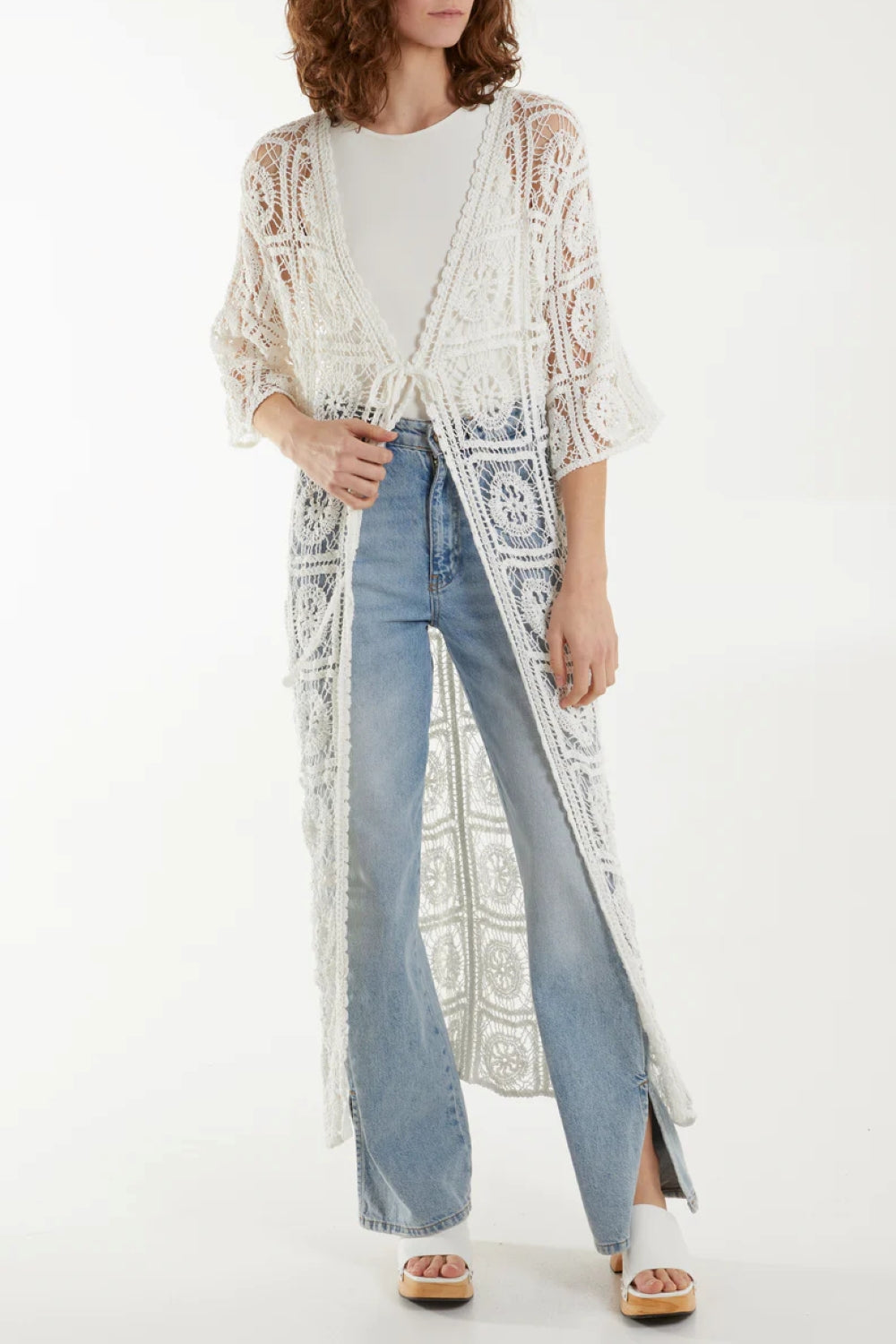 White Geometric Crochet Longline Kimono Aftershock London