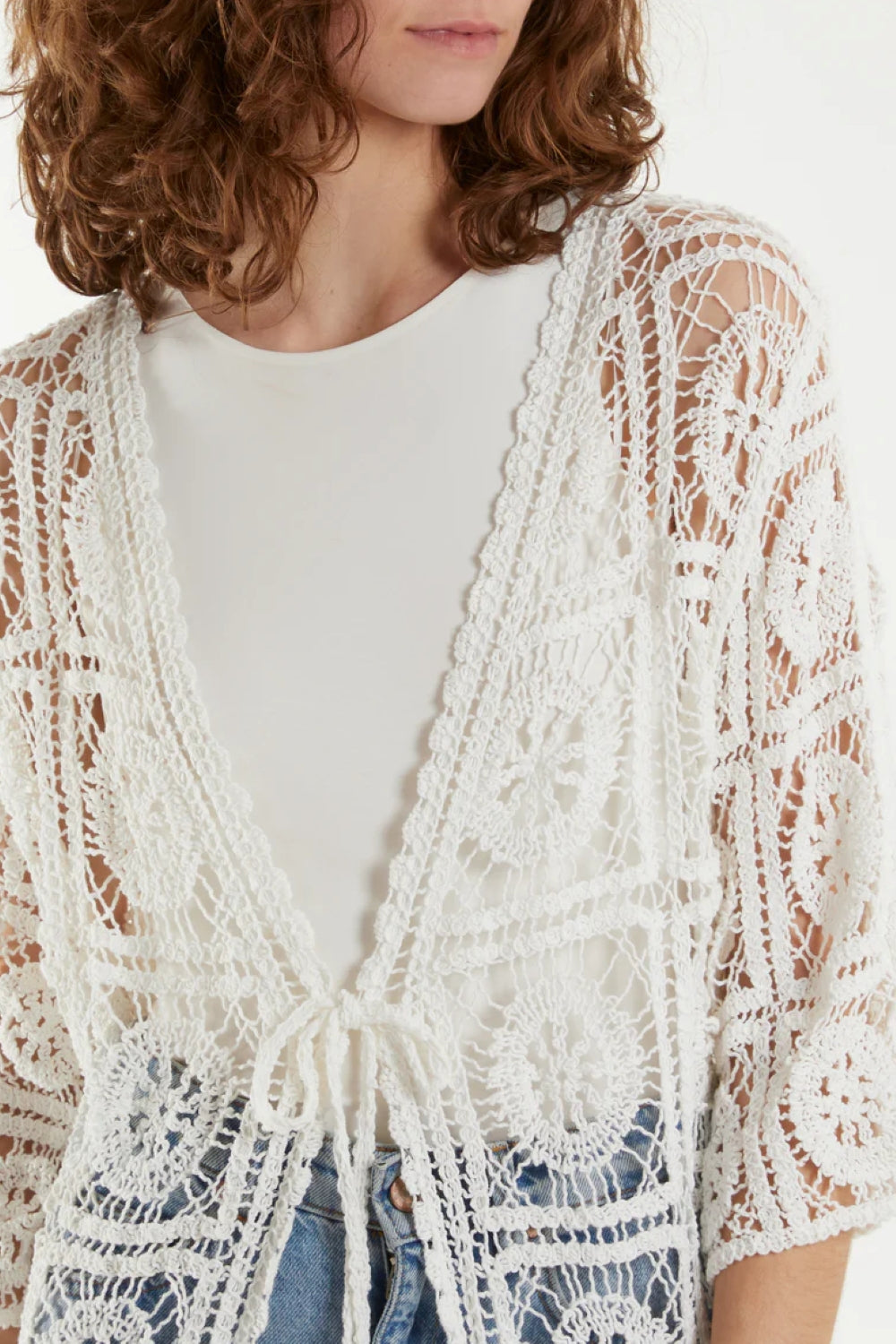 White Geometric Crochet Longline Kimono Aftershock London