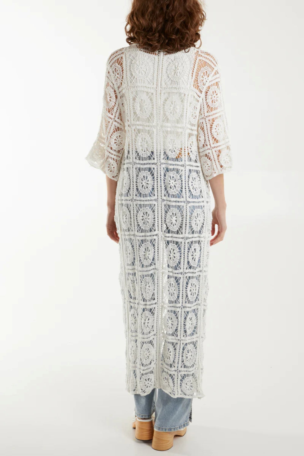 White Geometric Crochet Longline Kimono Aftershock London