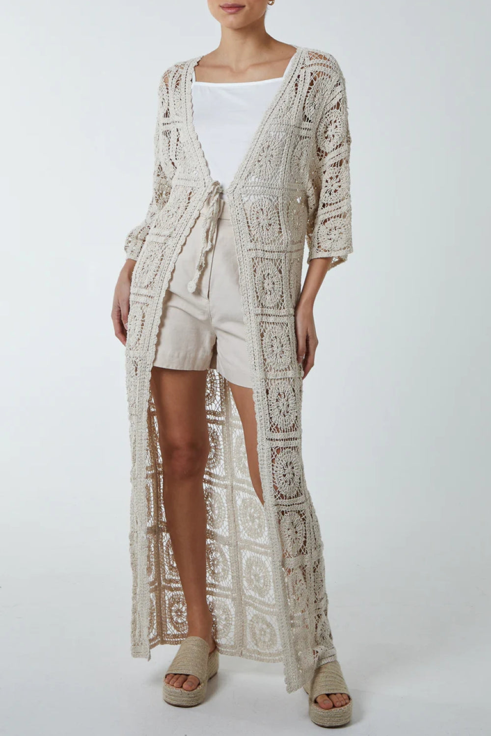 Ivory Crochet Tie Front Longline Kimono Aftershock London