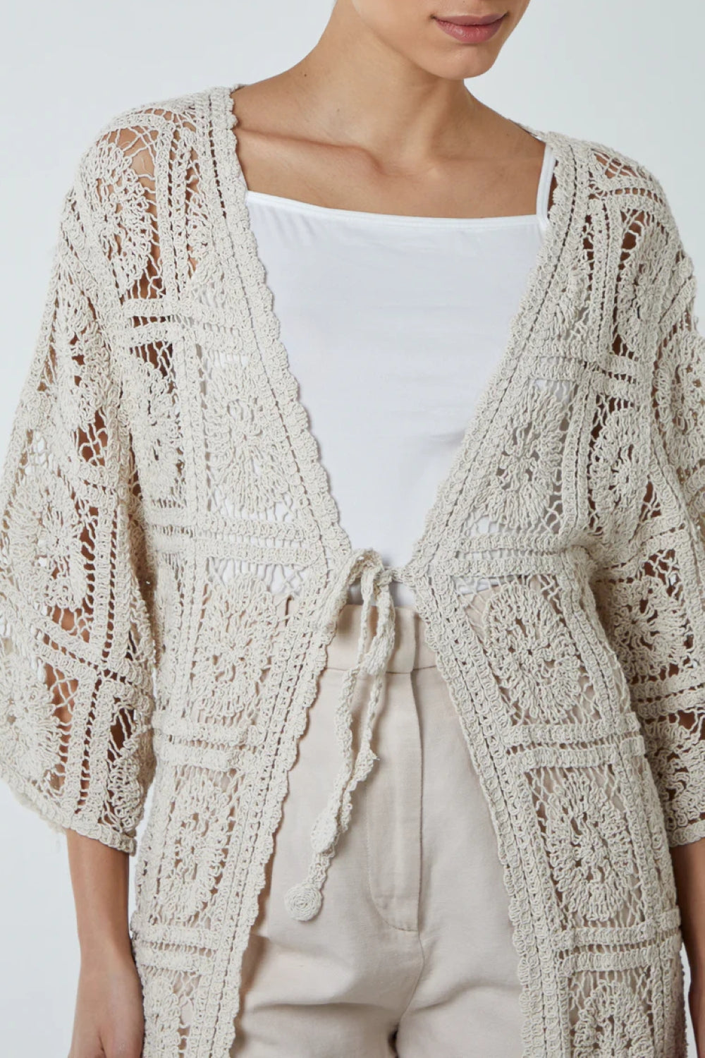 Ivory Crochet Tie Front Longline Kimono Aftershock London