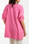 Hot Pink Oversized Buttoned Sleeve Top with Necklace