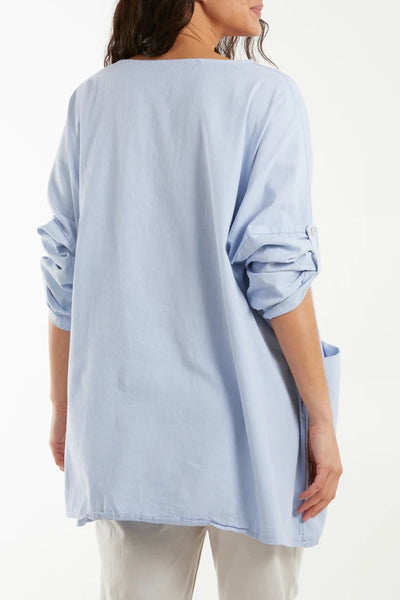 Light Blue Oversized Buttoned Sleeve Top with Necklace