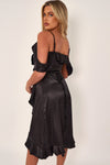 Black Off Shoulder Satin Midi Dress