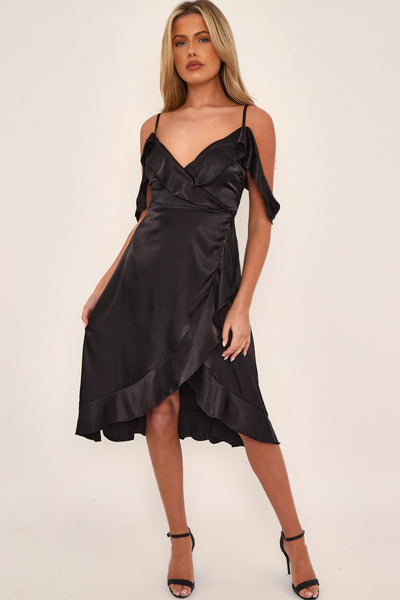 Black Off Shoulder Satin Midi Dress