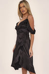 Black Off Shoulder Satin Midi Dress