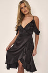 Black Off Shoulder Satin Midi Dress