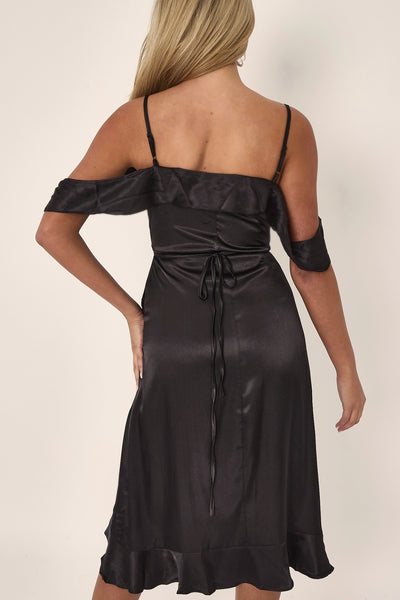 Black Off Shoulder Satin Midi Dress