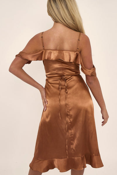 Bronze Off Shoulder Satin Midi Dress