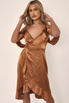 Bronze Off Shoulder Satin Midi Dress