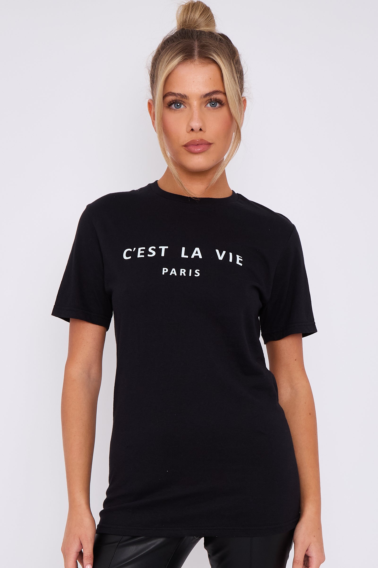 Black C'est La Vie Short Sleeve Round Neck T Shirt