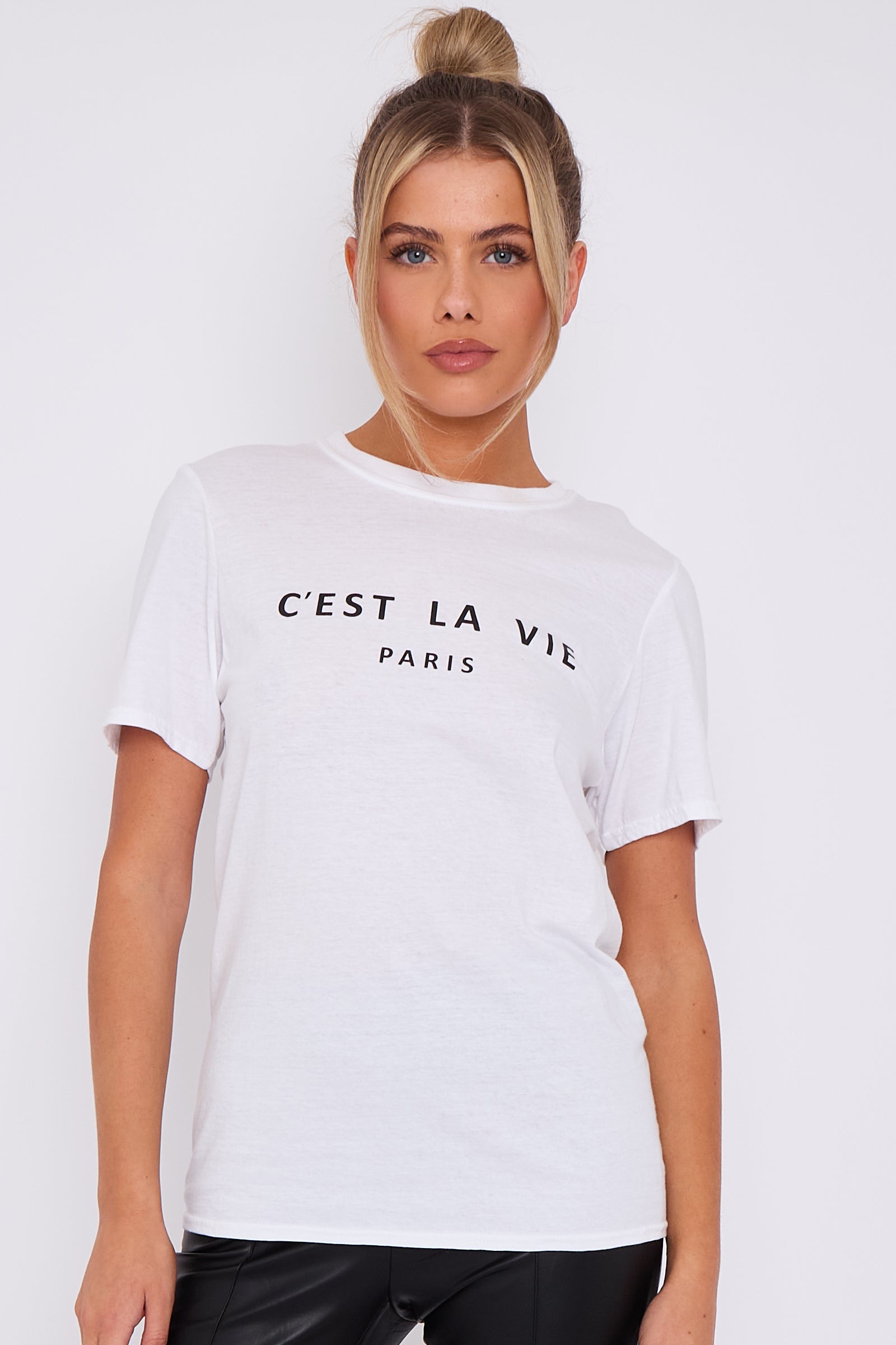 White C'est La Vie Short Sleeve Round Neck T Shirt