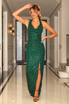 Amar Green Cowl Neck Sequin Maxi Dress
