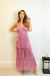 Chantia Pink Plisse Maxi Dress With Tiered Skirt