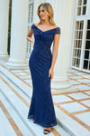 Mariny Navy Bardot Maxi Dress with Knot Detail