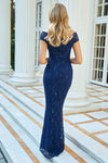 Mariny Navy Bardot Maxi Dress with Knot Detail