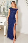 VIVENNE NAVY EMBELLISHED MAXI DRESS WITH MESH PANEL DETAIL