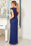 VIVENNE NAVY EMBELLISHED MAXI DRESS WITH MESH PANEL DETAIL