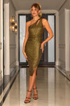 Zion Gold One Shoulder Bodycon Midi Dress